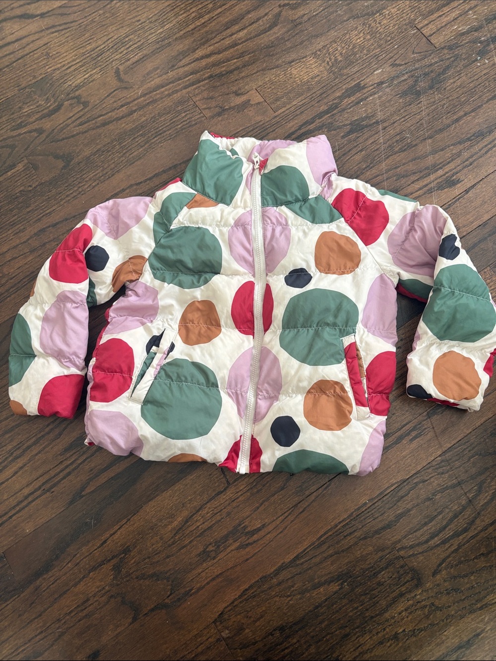 Kids Multicolor Polka Dot Puffer Jacket - Green, Pink & Red